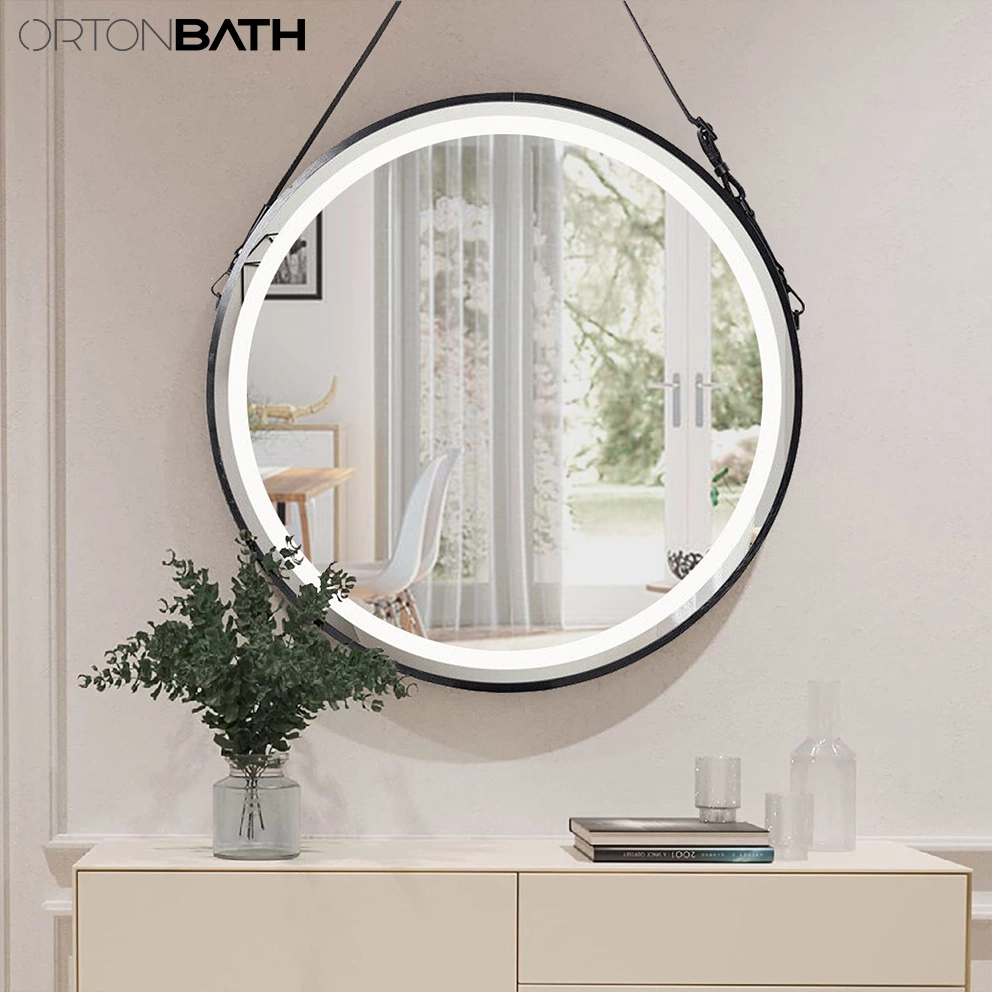 Ortonbath Black Framed Vanity Mirror, Frontlit, Wall Mounted, Touch Switch, Brightness Dimming, 3 Color Light, Belt Hanging